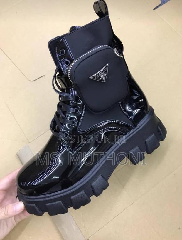 Black Patent Leather Prada Monolith Boots With a Detachable Pouch. - thumbnail 3
