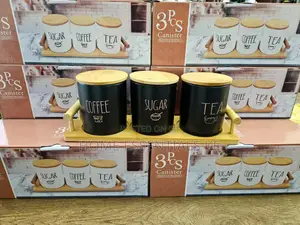 3pcs Ceramic Cannister Set With Bamboo Lid Holder