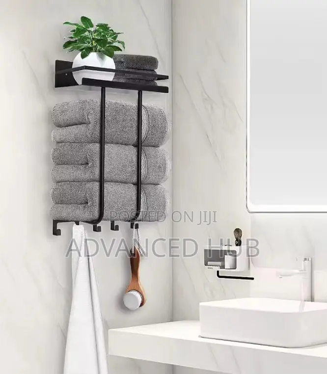 Multifunctional Bathroom Towel Holder With Metal Shelf and 5 Hooks