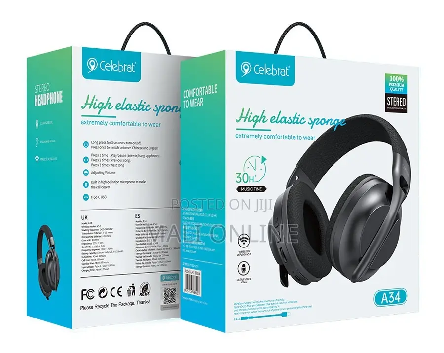 Celebrat A34 Over-Ear Bluetooth 5.3 Headphones Heavy Bass