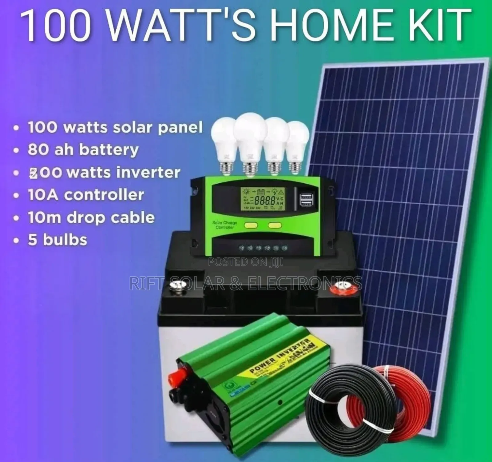 100 Watts Solar - 80a Battery - 200 Watts Inverter - 4 Free Dc Bulbs
