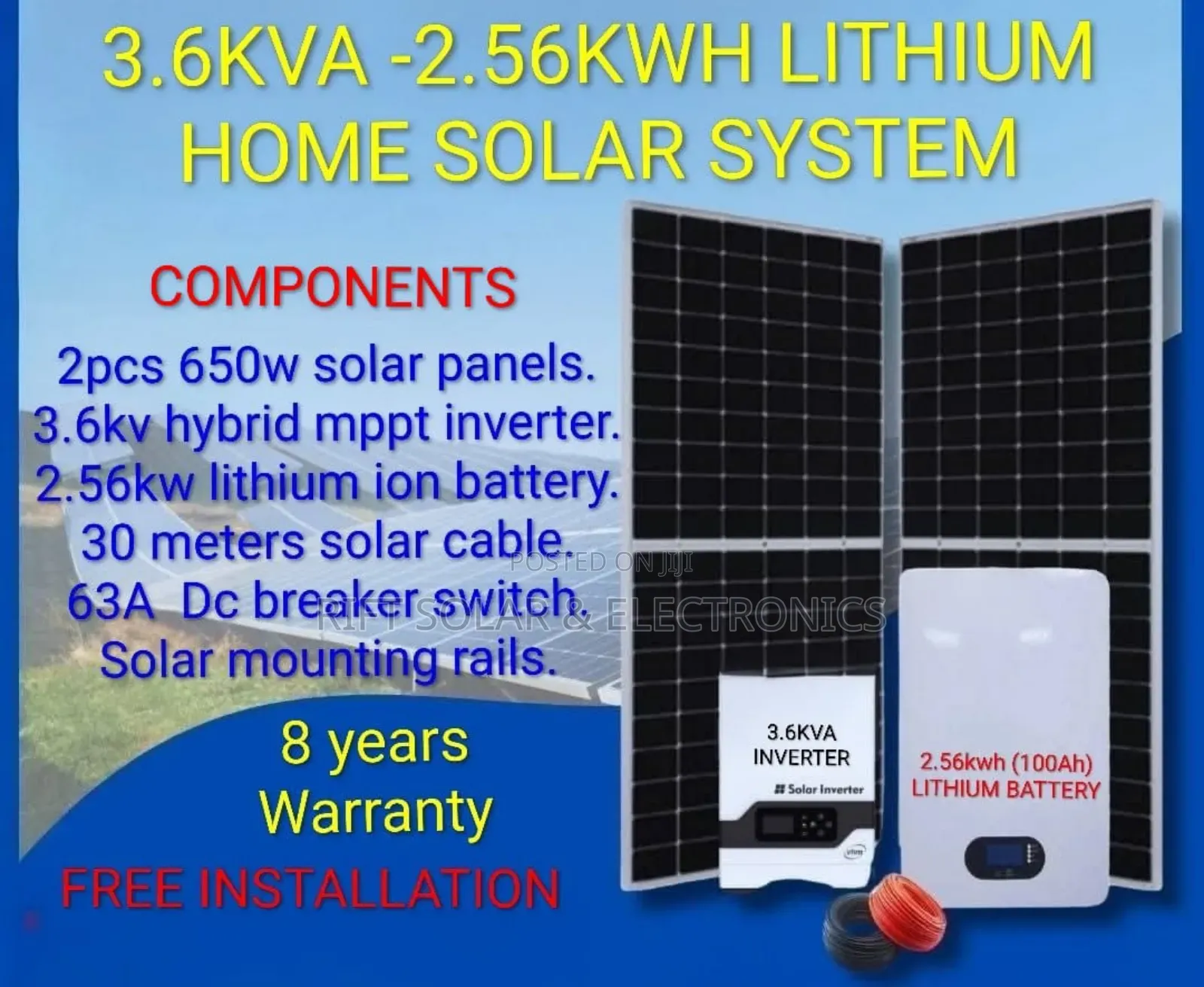 3.6kva Inverter - 2.56kwh Lithium Battery -(2)650 Watts Solar Full Kit