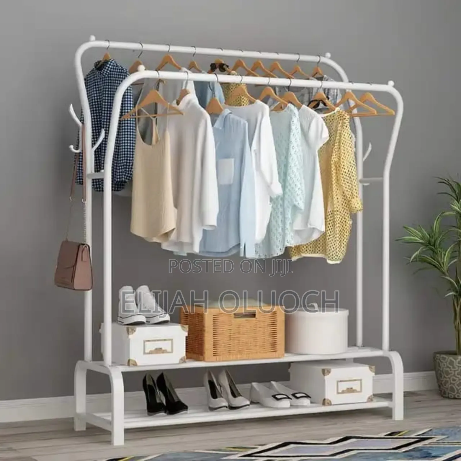 Curved Double Clothes Rack With 2 Bottom Shelf Storage Organizer Space