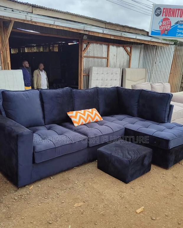 5-Seater Navy Blue Sectional Sofa + Ottoman - Free Delivery