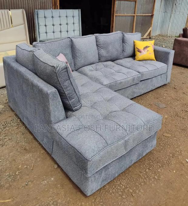 5-Seater Grey Tufted L-Shaped Sofa With Throw-Pillows