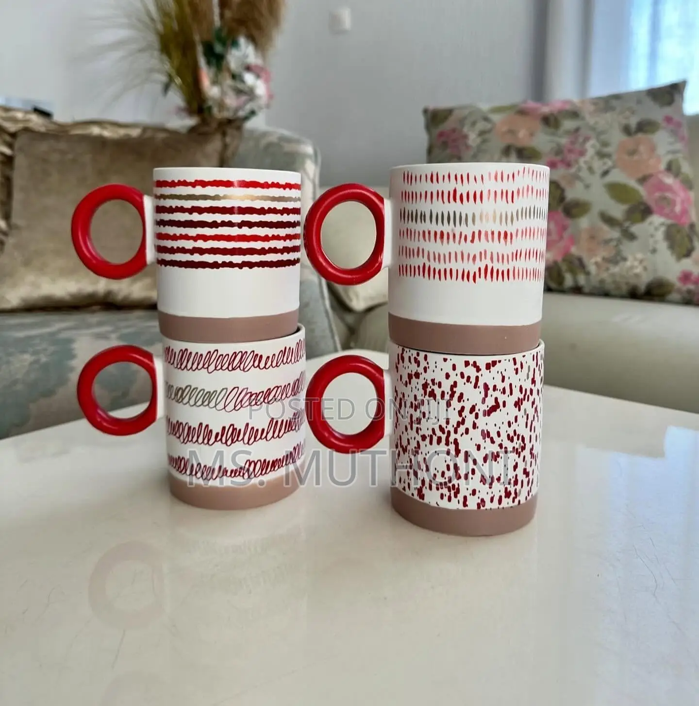 (400 Ml) 6 PCS Set of Porcelain Coffee Mugs With Red D White Patterns