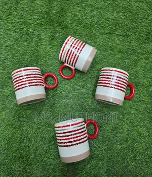 (400 Ml) 6 PCS Set of Porcelain Coffee Mugs With Red D White Patterns