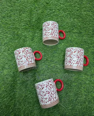 (400 Ml) 6 PCS Set of Porcelain Coffee Mugs With Red D White Patterns