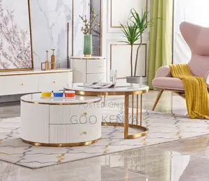 Home Table;White Round Tempered Glass Coffee Table Set for Living Room
