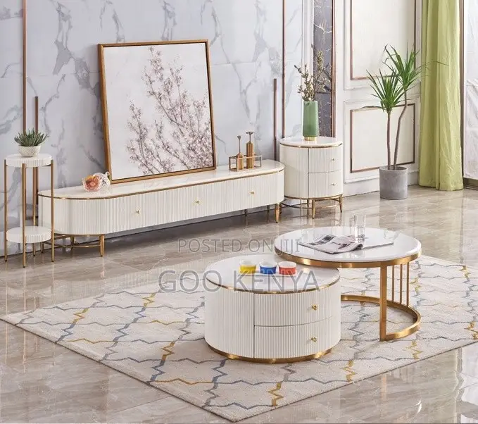 Home Table;White Round Tempered Glass Coffee Table Set for Living Room