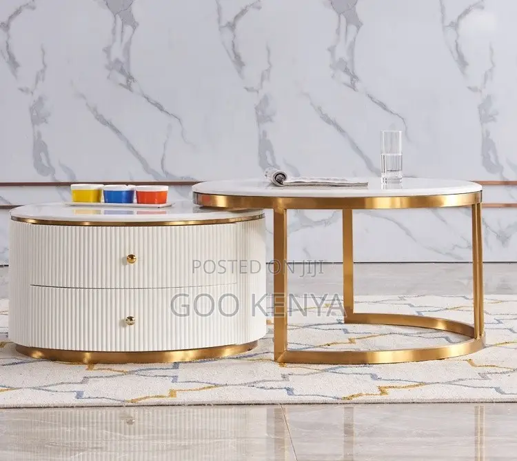 Home Table;White Round Tempered Glass Coffee Table Set for Living Room
