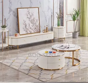 Home Table;White Round Tempered Glass Coffee Table Set for Living Room