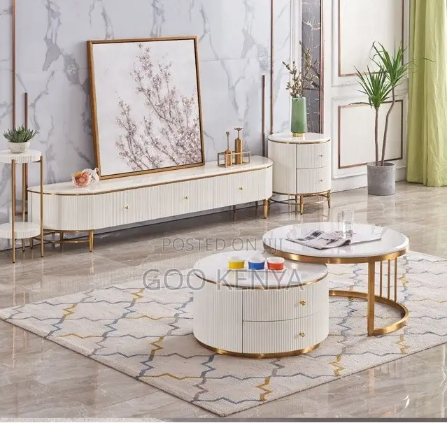 Home Table;White Round Tempered Glass Coffee Table Set for Living Room