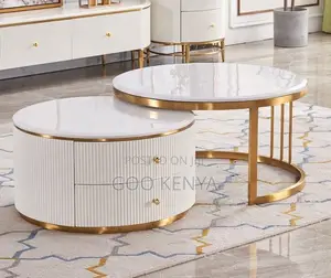 Home Table;White Round Tempered Glass Coffee Table Set for Living Room