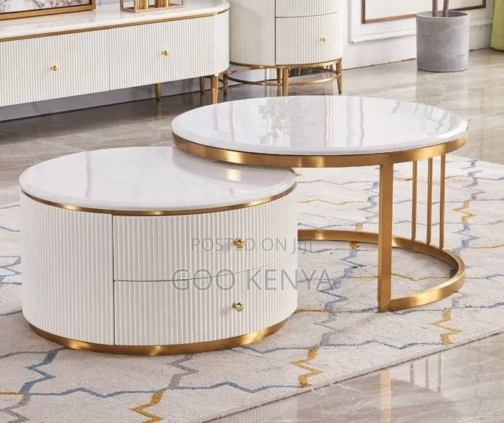 Home Table;White Round Tempered Glass Coffee Table Set for Living Room