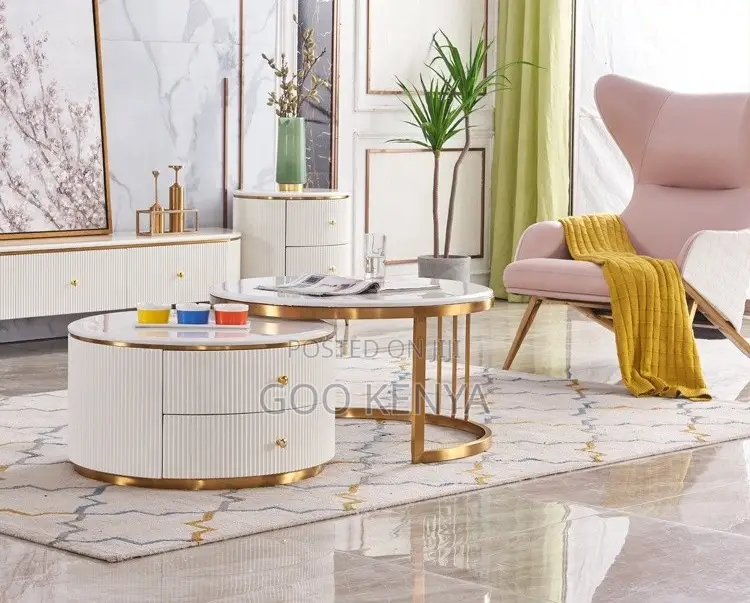 Home Table;White Round Tempered Glass Coffee Table Set for Living Room