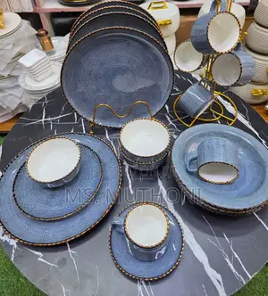 Premium 36pcs Blue Speckle Glaze and Gold-Toned Rims Dinner Set.