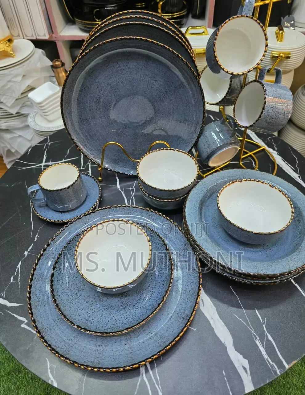 Premium 36pcs Blue Speckle Glaze and Gold-Toned Rims Dinner Set.