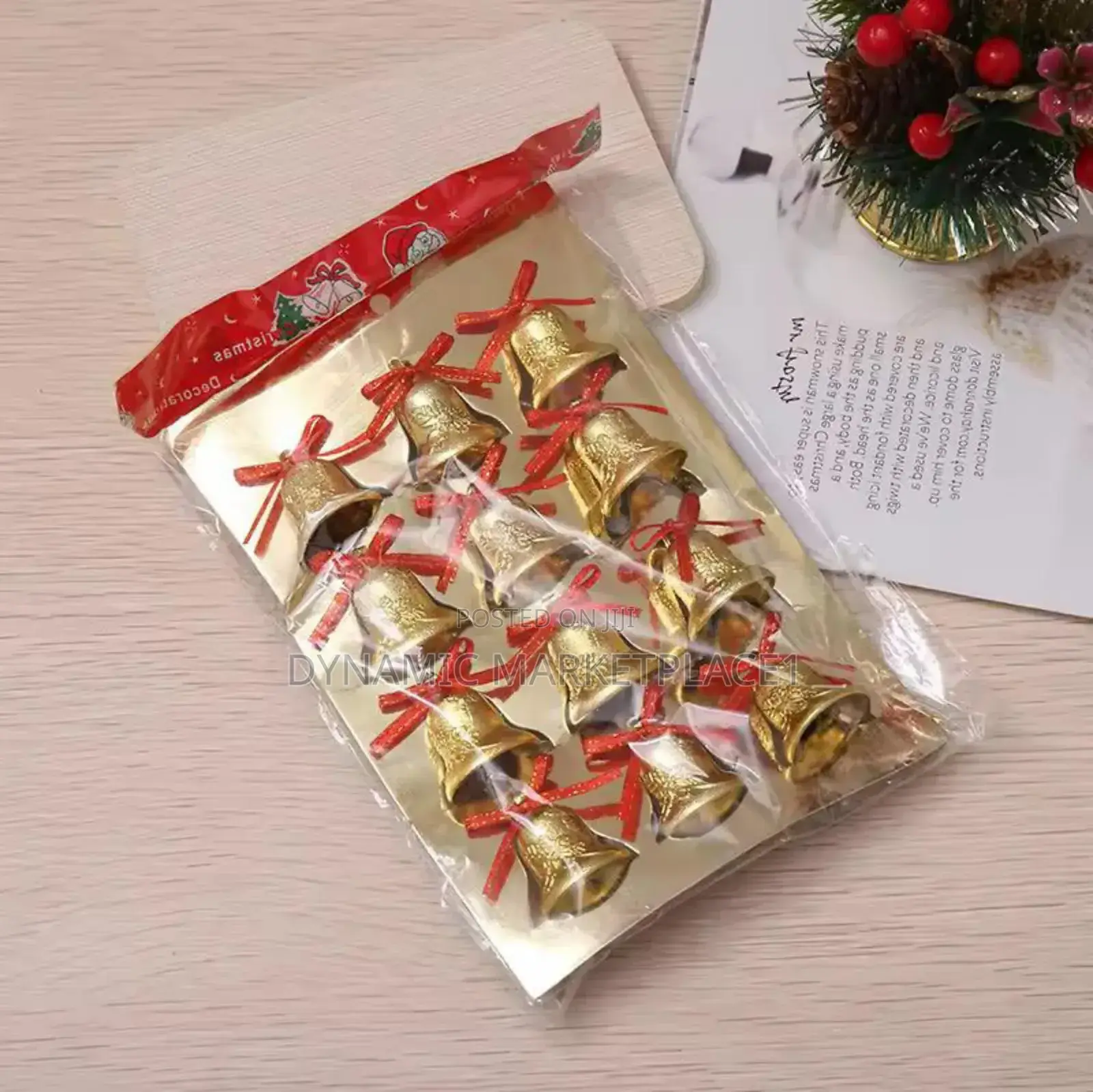 12pcs Golden Christmas Bells Hanging Ornaments With Red Bows