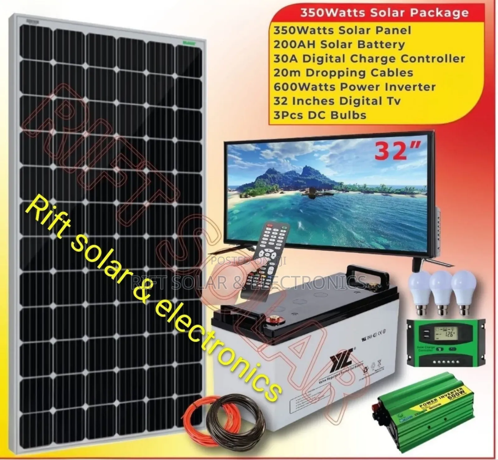 350 Watts Solar - 200ah -20hrs Battery - 32" Smart Tv - 600w Inverter