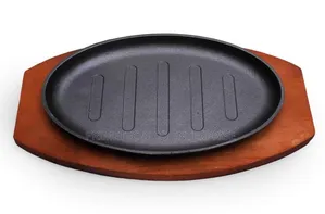 Cast Iron Hot Sizzling Plate on Wooden Tray Oval