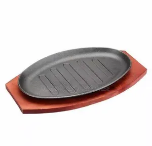Cast Iron Hot Sizzling Plate on Wooden Tray Oval