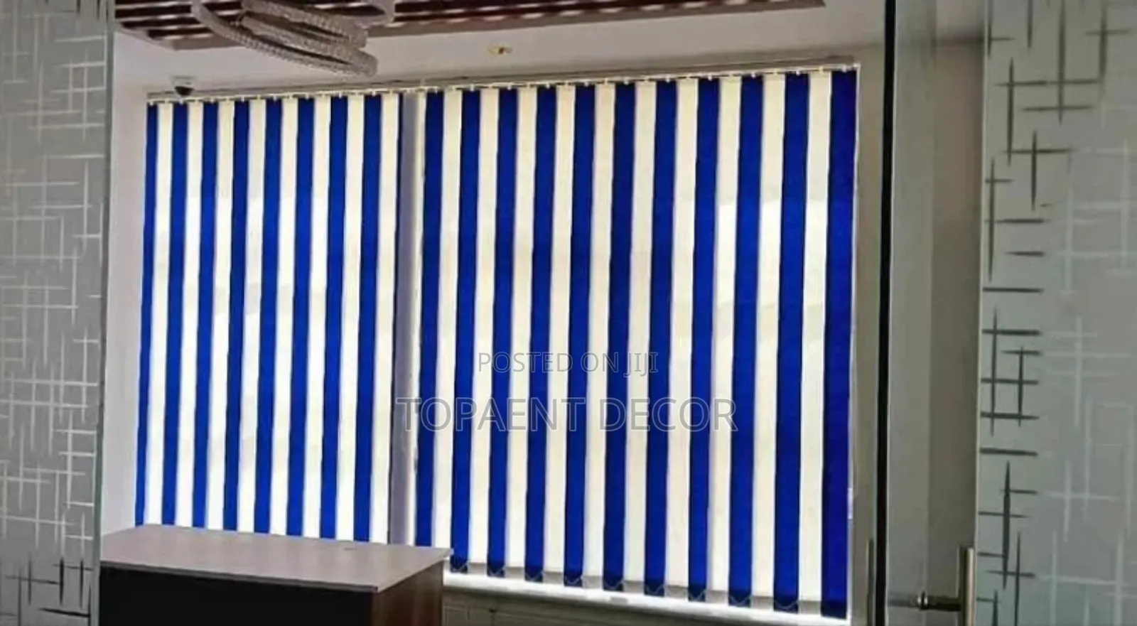 Blue And White Office Counter Window Light Moderation Blinds