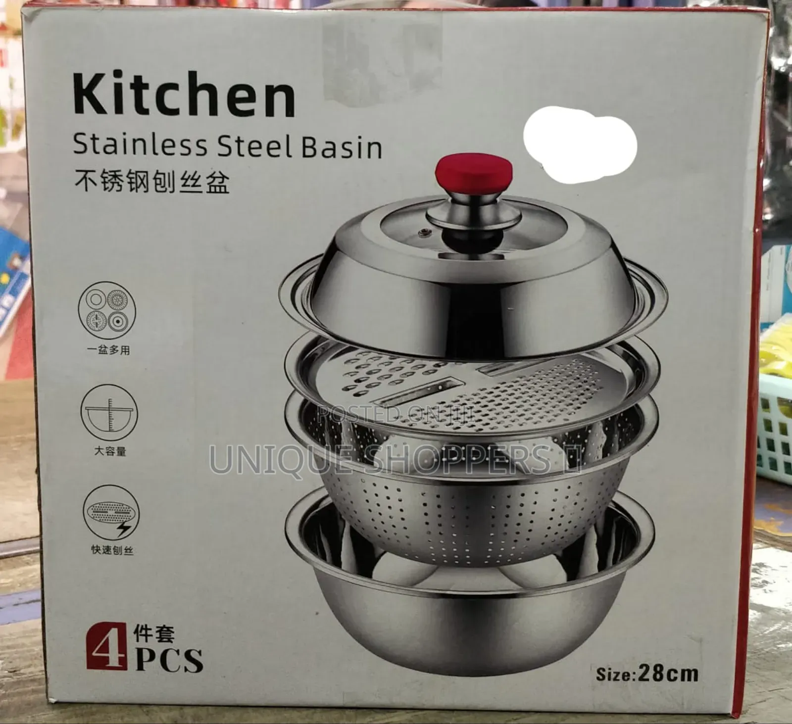 4pcs Set 28cm Stainless Steel Basin, Collander,Greater,Lid