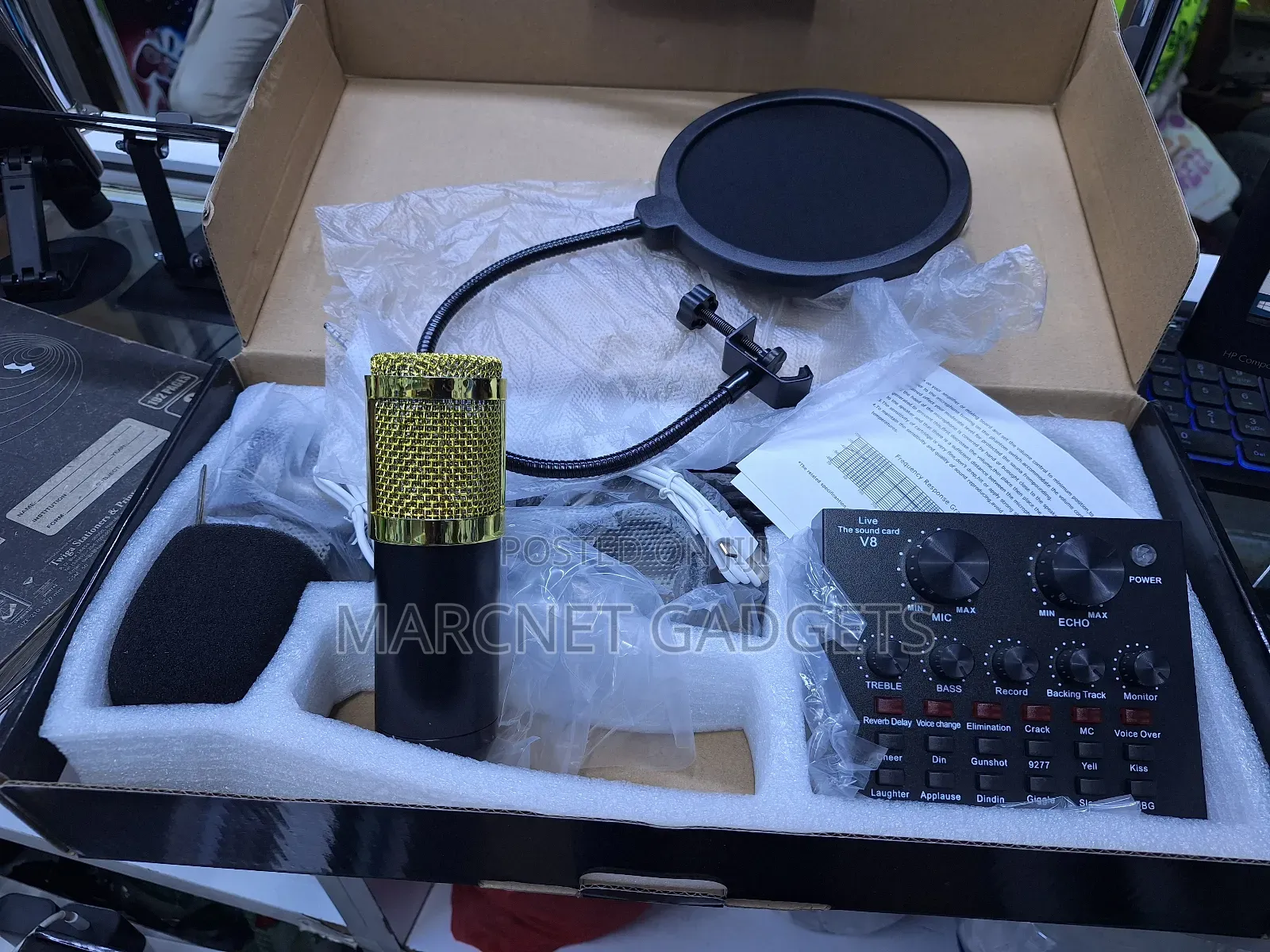 Condenser Kit V8 Podcast Microphone With Sound Card and Clamp Stand