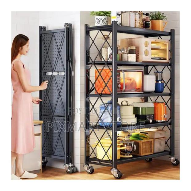 Heavy-Duty 5-Tier Foldable Kitchen Rack on Wheels Adjustable Mobile