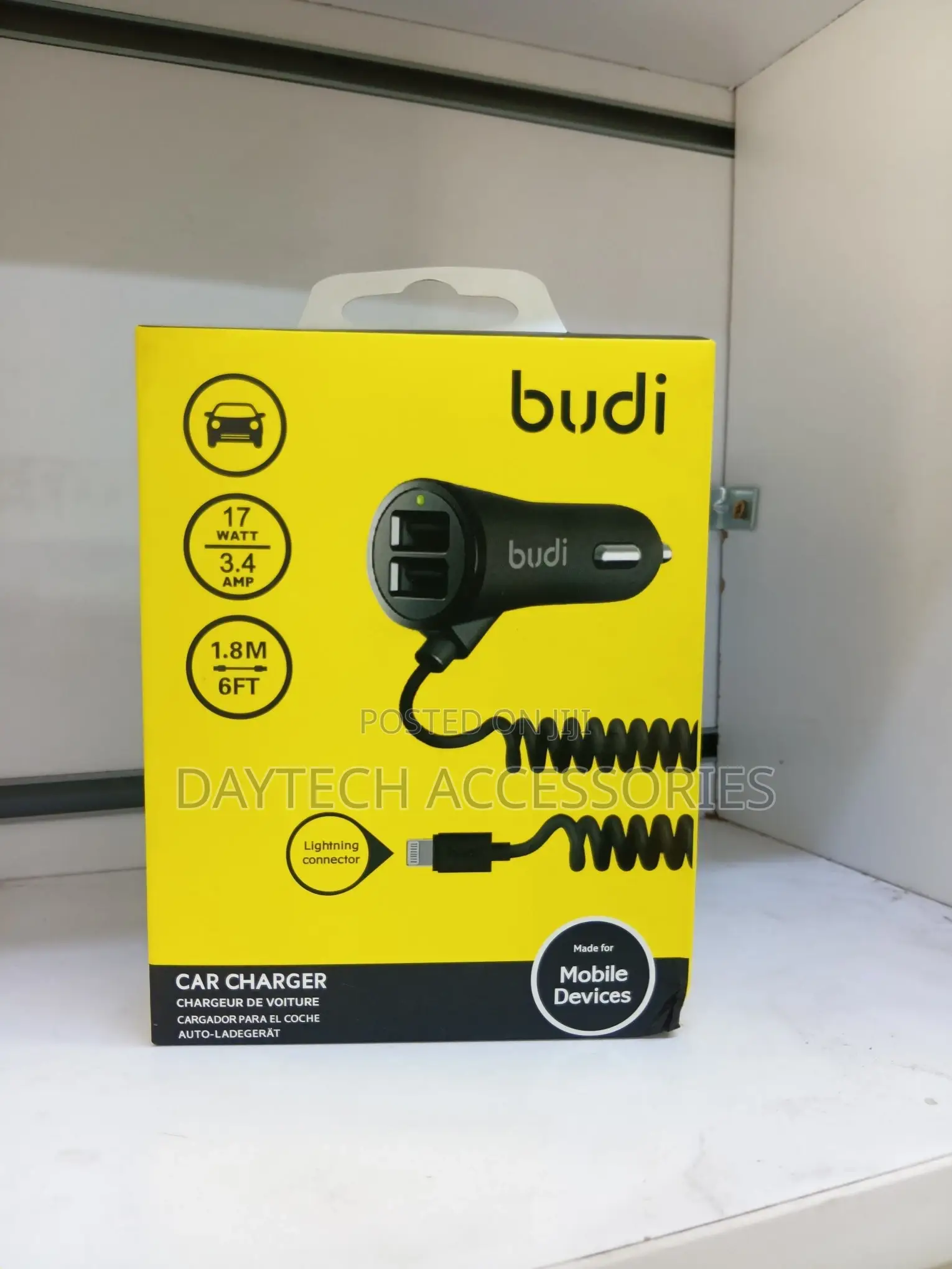 Budi Dual Usb Port Car Charger With a Built-in Coiled Lightning Cable
