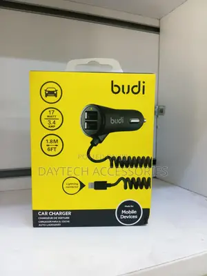 Budi Dual Usb Port Car Charger With a Built-in Coiled Lightning Cable