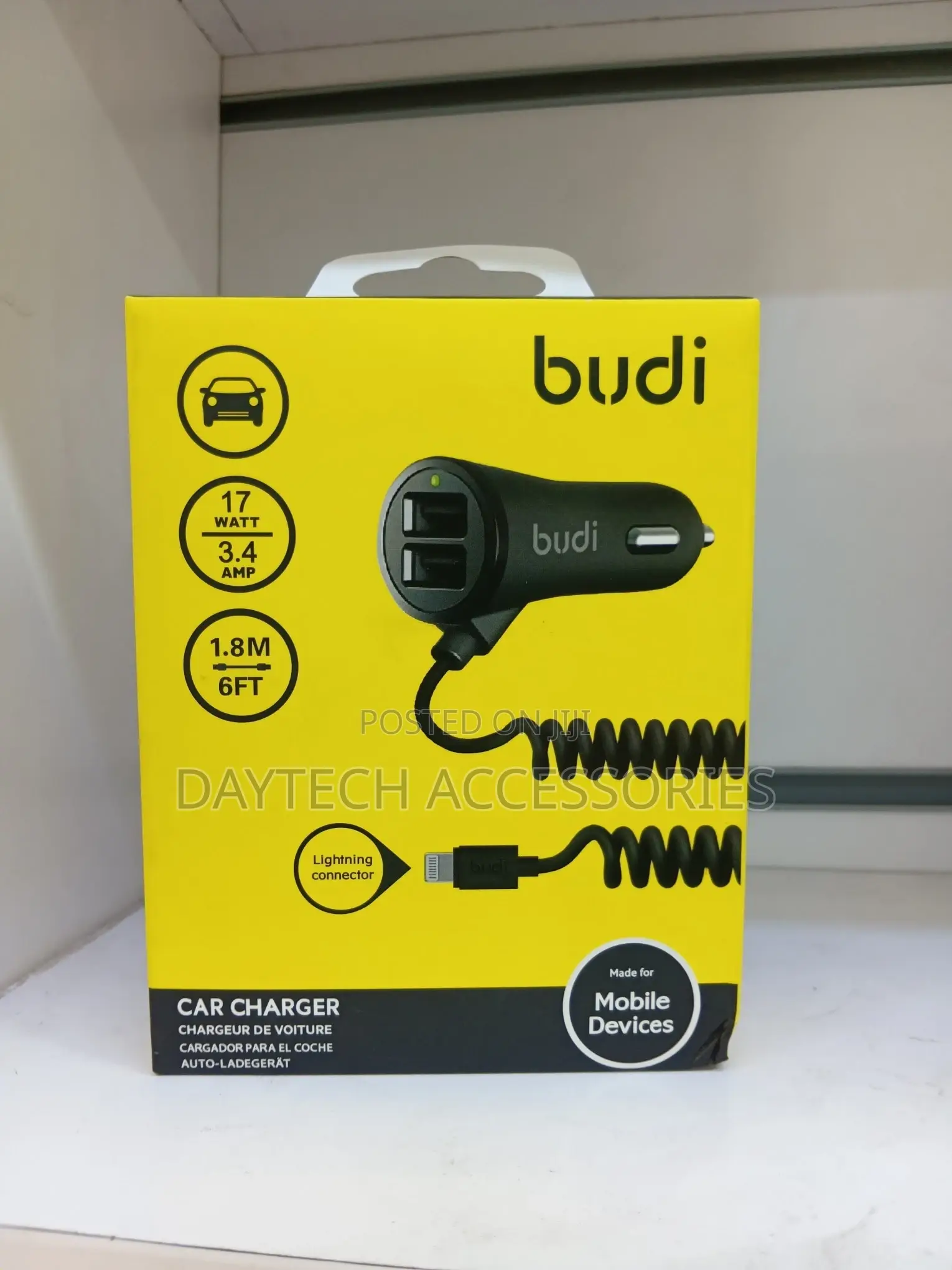Budi Usb Car Charger With Coiled Lightning Cable Black