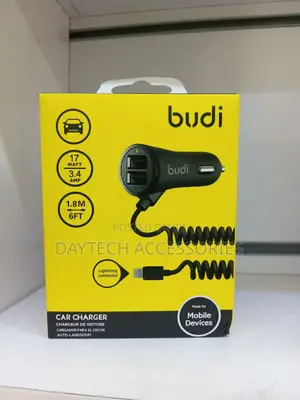 Budi Usb Car Charger With Coiled Lightning Cable Black