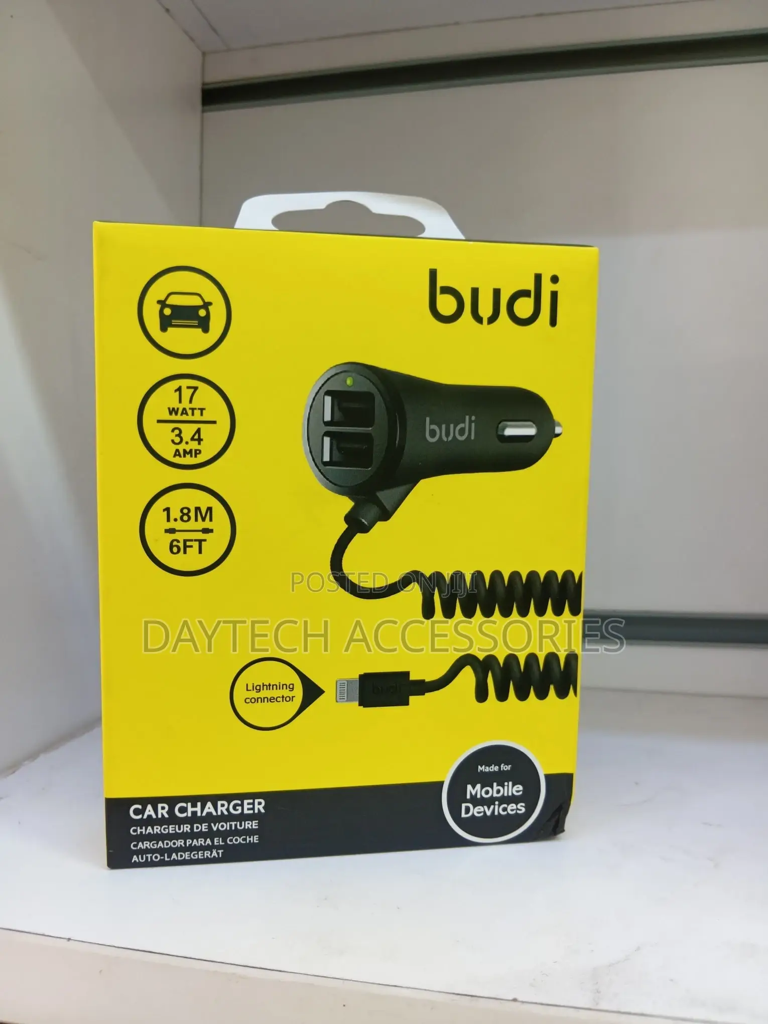 Budi Usb Car Charger With Coiled Lightning Cable Black