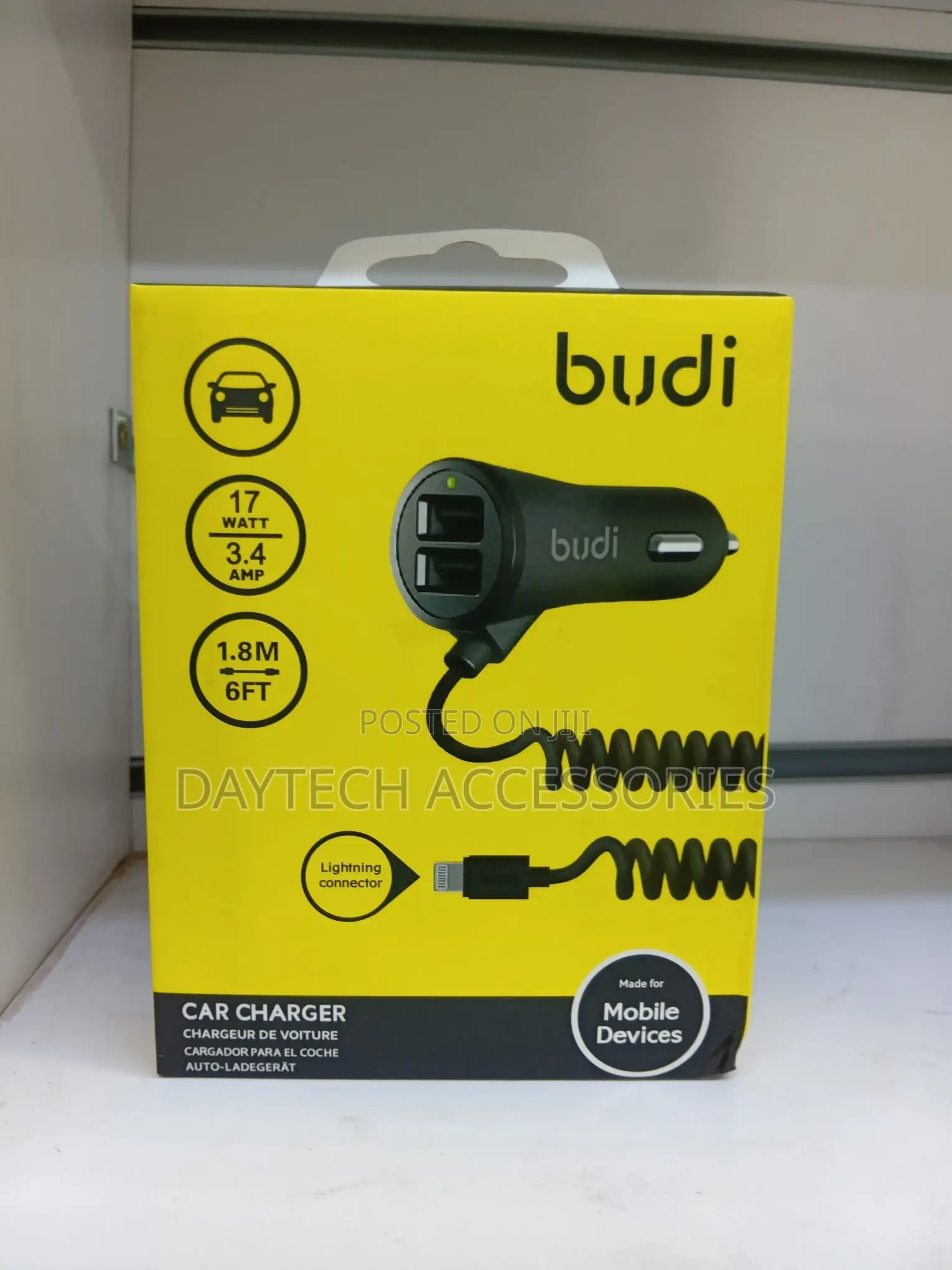 Budi Usb Car Charger With Coiled Lightning Cable Black