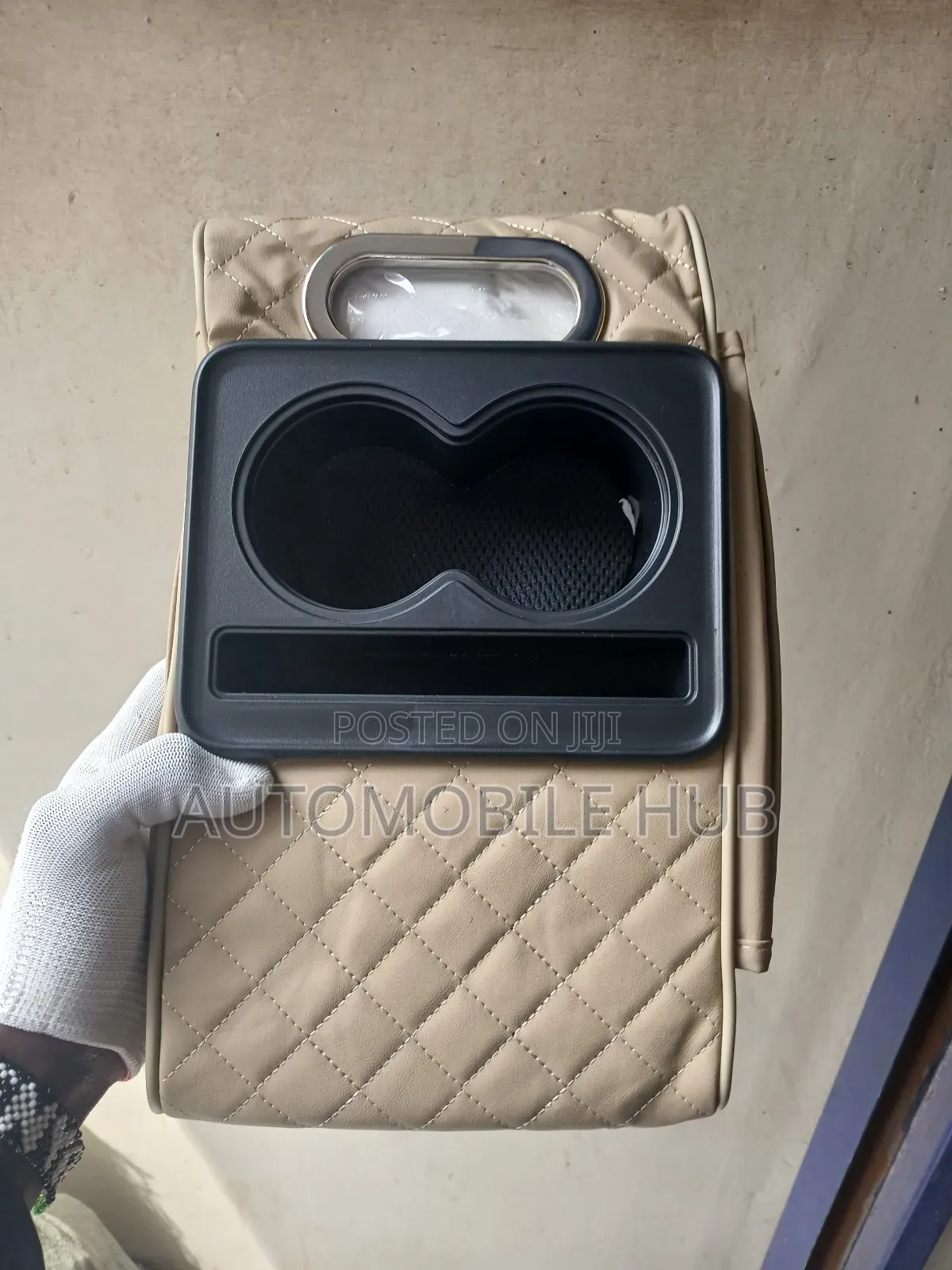 Beige Car Armrest Organiser With Phone Holder and Cupholder