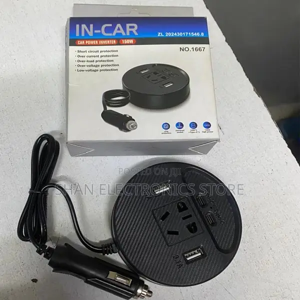 150w Car Extension -Dual Dc12v/24v to Ac 220v 2 Usb 2 Type-C 1 Sockets