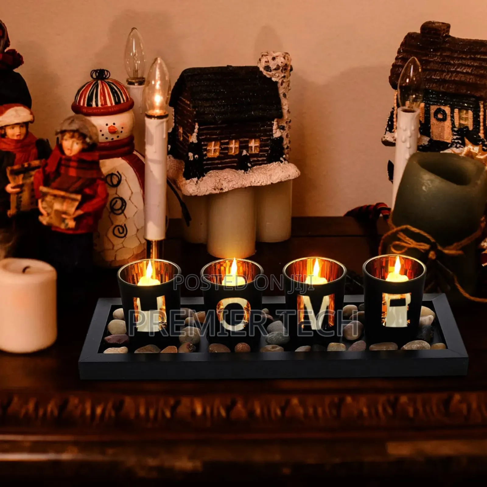 Home - Branded 4pc Glass Candle Hlder Set With Wooden Placement Rock