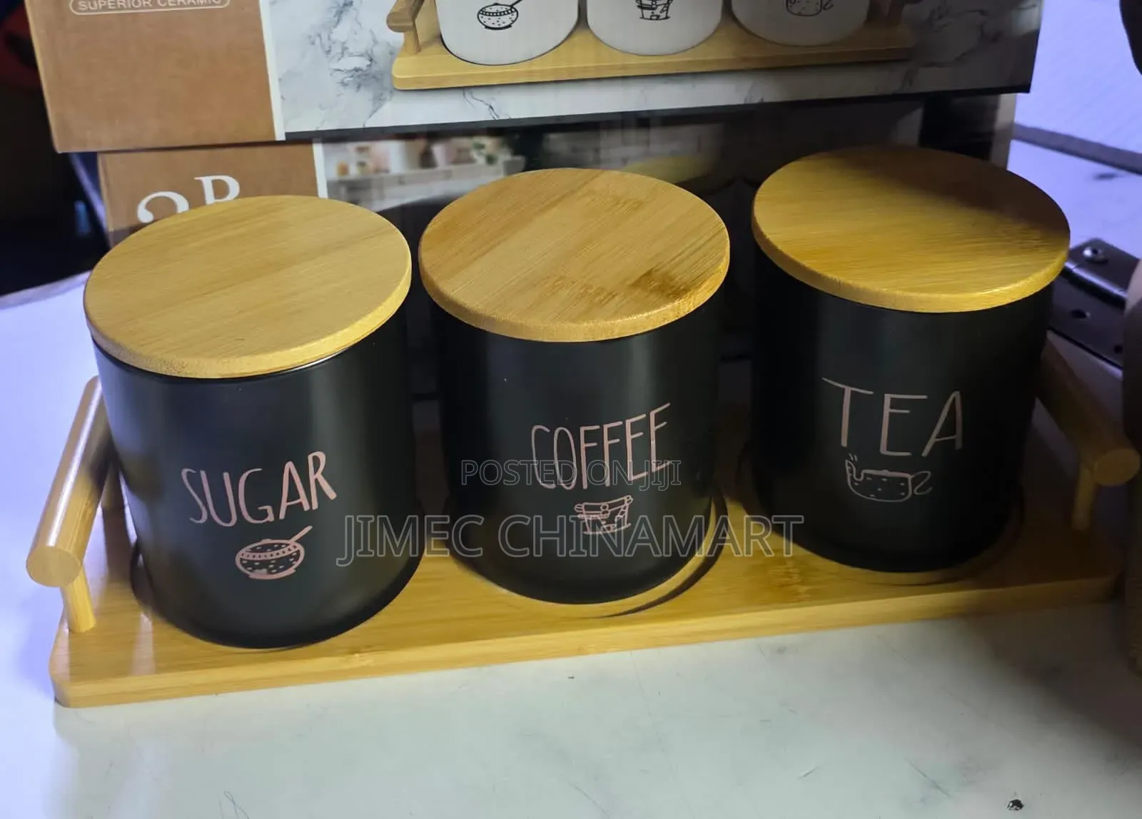 3 PCS Ceramic Canister Set With Bamboo Stand | 800 Ml Each – Black