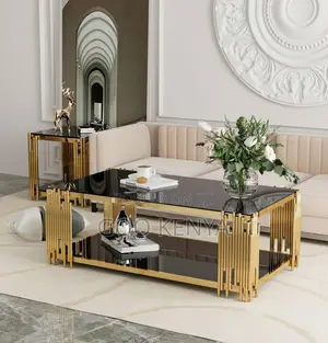 Home Table; Coffee Table With Black Glass Top and Golden Metal Frame
