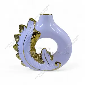 Large Ceramic Flower Vase Round Donut White With Gold Leaf Aesthetic