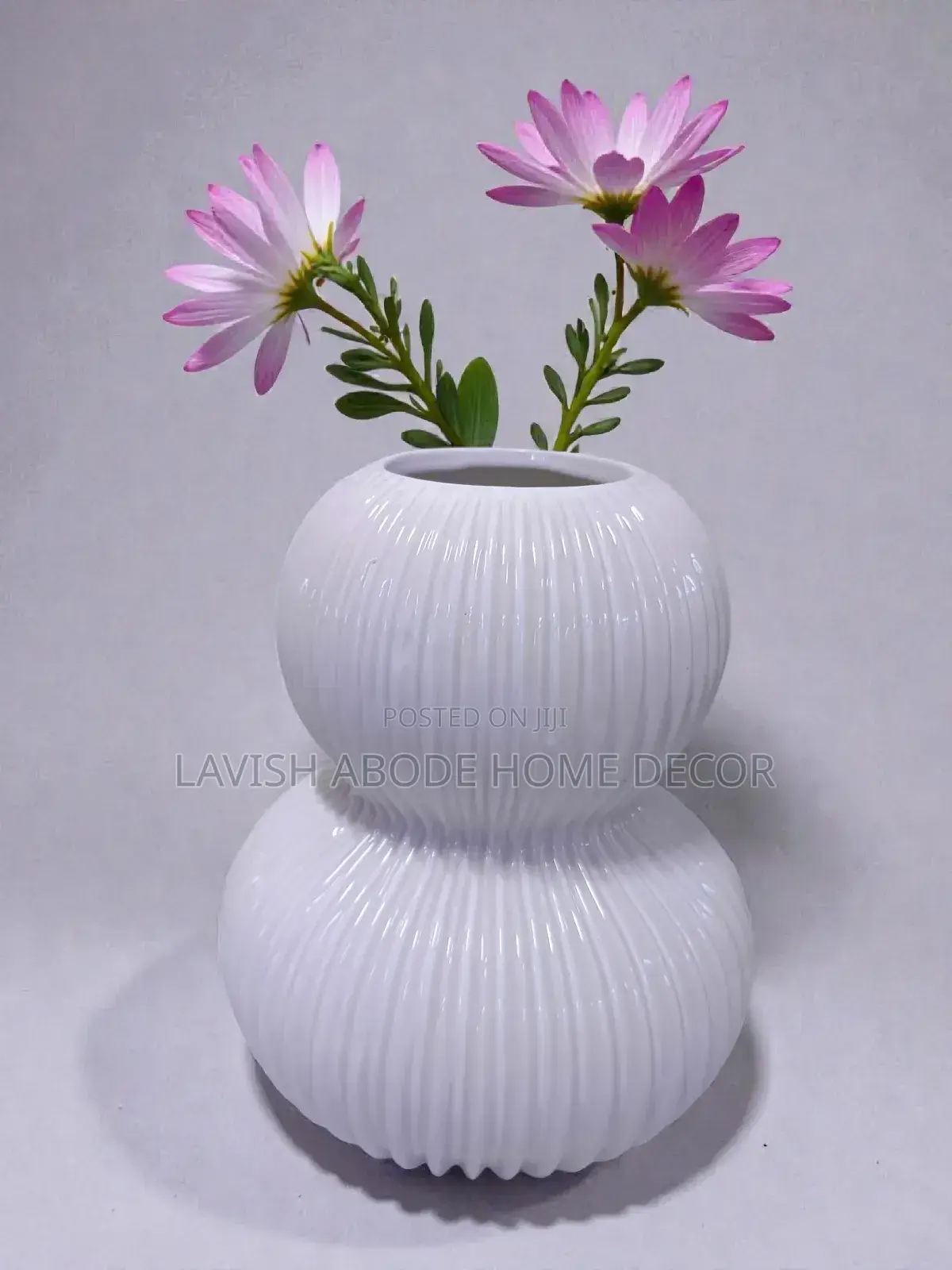 Large Ceramic Flower Vase White Ribbed