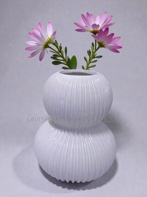 Large Ceramic Flower Vase White Ribbed