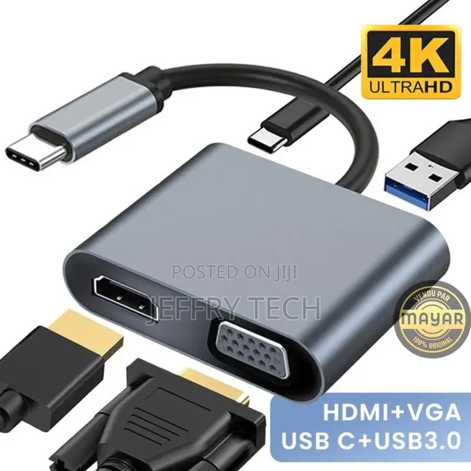 4 in 1 Type C Hub 100w, Usb 3.0 / 3.1, Type C to Hdmi + 1080p Vga A