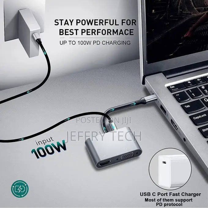 4 in 1 Type C Hub 100w, Usb 3.0 / 3.1, Type C to Hdmi + 1080p Vga A