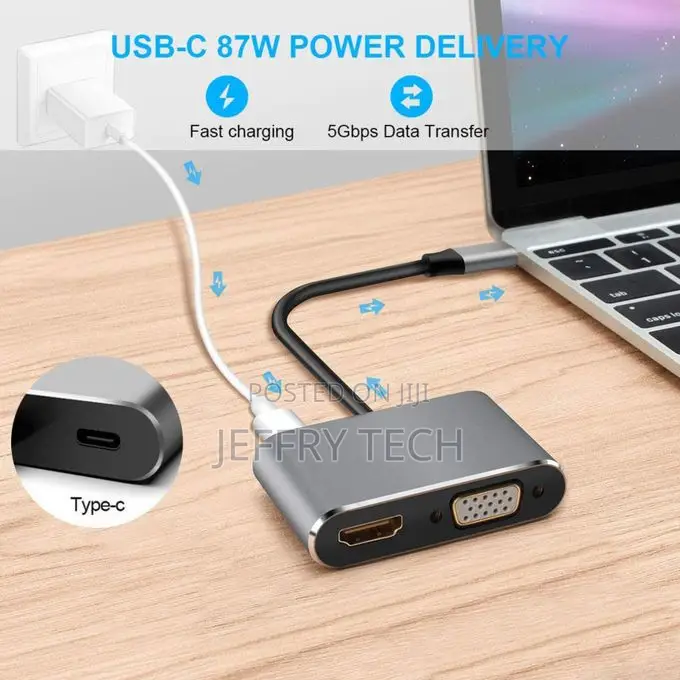 4 in 1 Type C Hub 100w, Usb 3.0 / 3.1, Type C to Hdmi + 1080p Vga A