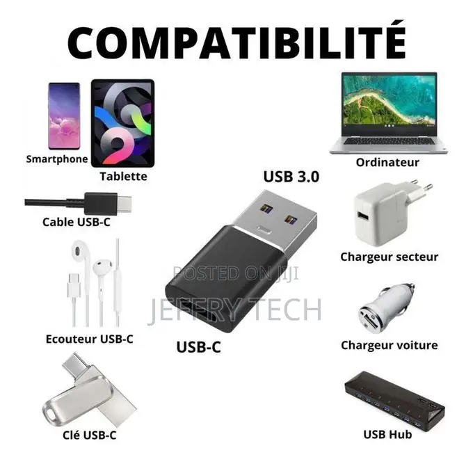 Usb 3.1 Type-C Female to Usb 3.0 a Male Adapter for Mobile Phone - Bla
