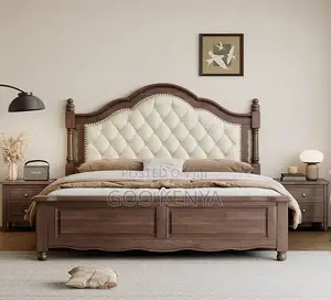 Home Bed;Queen Size Sturdy Wooden Bed With Cushioned Leather Headboard