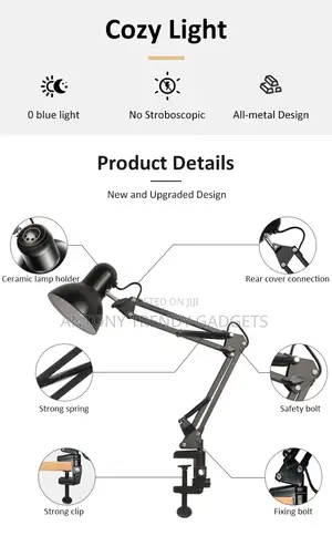 Metal Swing Arm Desk Lamp With Clamp & Base Adjustable Light
